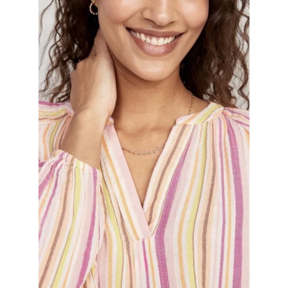 Old Navy Popover Blouse Pink Multi-Stripe Cotton Gauze LS Top Split Neck Large - Picture 3 of 13